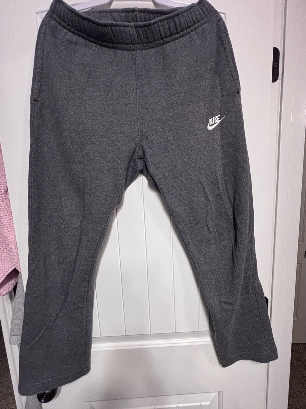 Nike Dark Gray Fleece Joggers with White Swoosh. Straight Leg, M